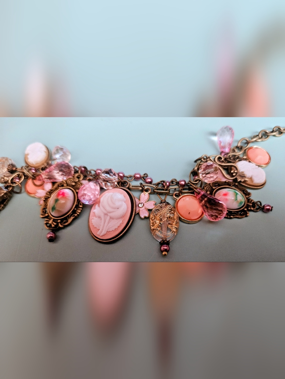 Pink Rose Cameo Charm Bracelet – Women’s Pink Floral Jewelry